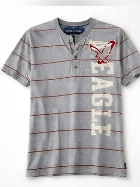 American Eagle Mens XL Outfitters Gray Polo Henley with Red Stripes & Red Eagle